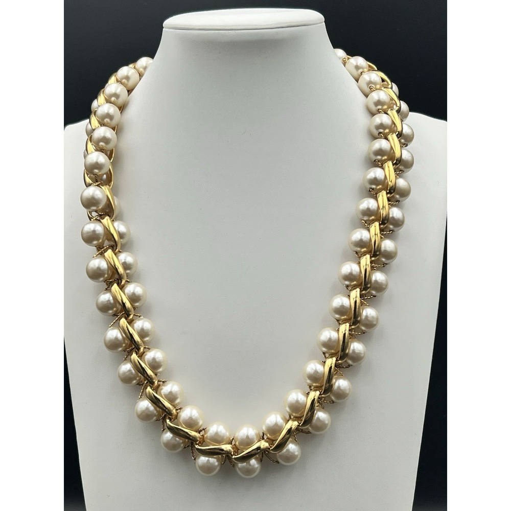 Napier Vintage Gold Tone Faux Pearl Twisted Ribbon Choker  Old Money